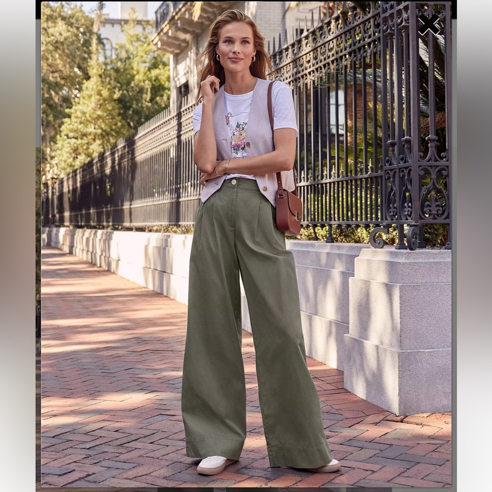 LOFT Green High-Waisted Wide-Leg Trousers